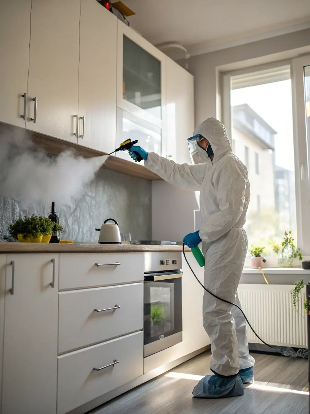 An image showcasing RAD Restoration technicians using specialized equipment to sanitize and disinfect a water-damaged area, ensuring a clean and safe environment.