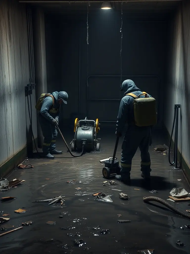 A high-resolution image depicting RAD Restoration technicians using professional-grade water extraction equipment in a flooded basement, showcasing their rapid response and efficient water removal process.