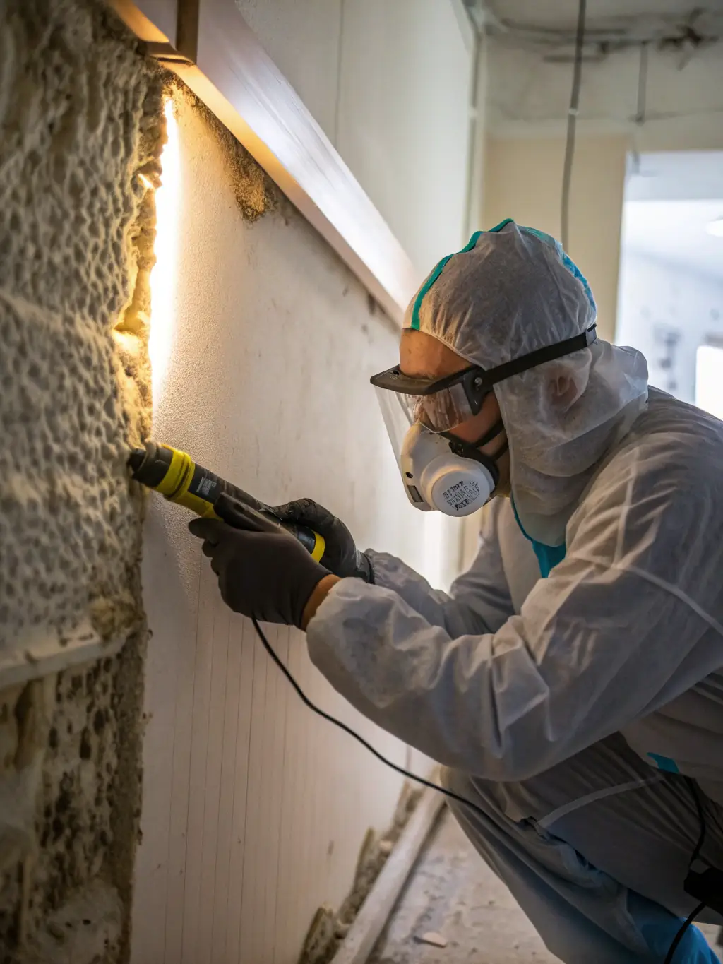 A photo of a RAD Restoration technician carefully inspecting a wall for mold growth, using protective gear and specialized detection tools.